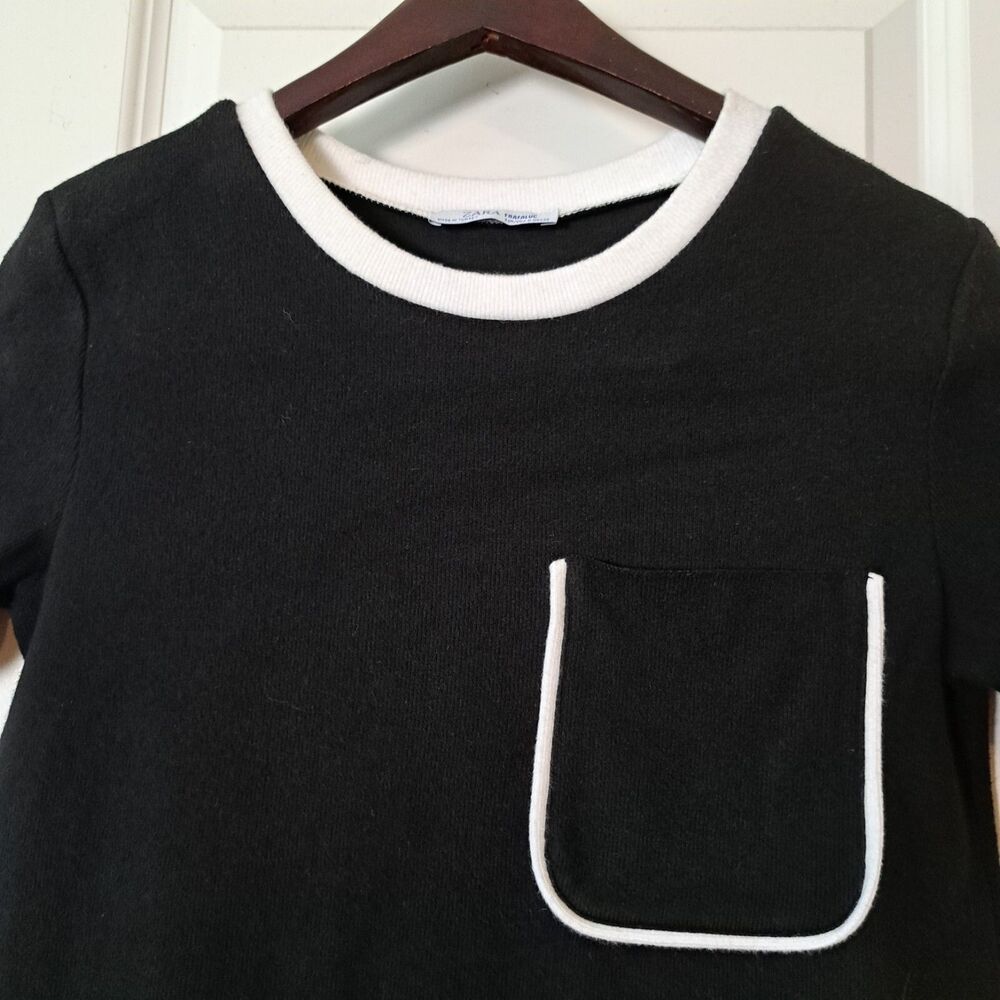 Zara Pocket T-Shirt Dress Size S Knit Short Sleeve Black with White Trim Modern - Picture 6 of 10